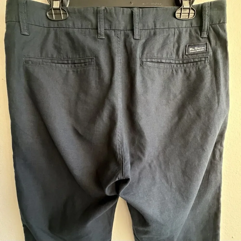 Ben Sherman Mens 32x32 Navy Blue Pants Slim Fit Linen Blend Flat Front (33x29.5)